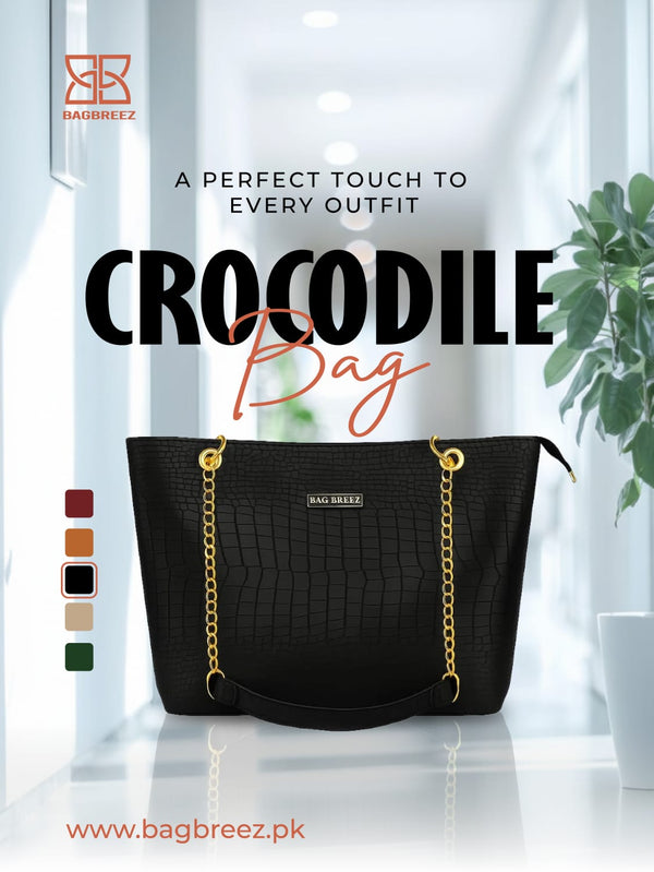 Crocodile Tote Bag Black with Chain